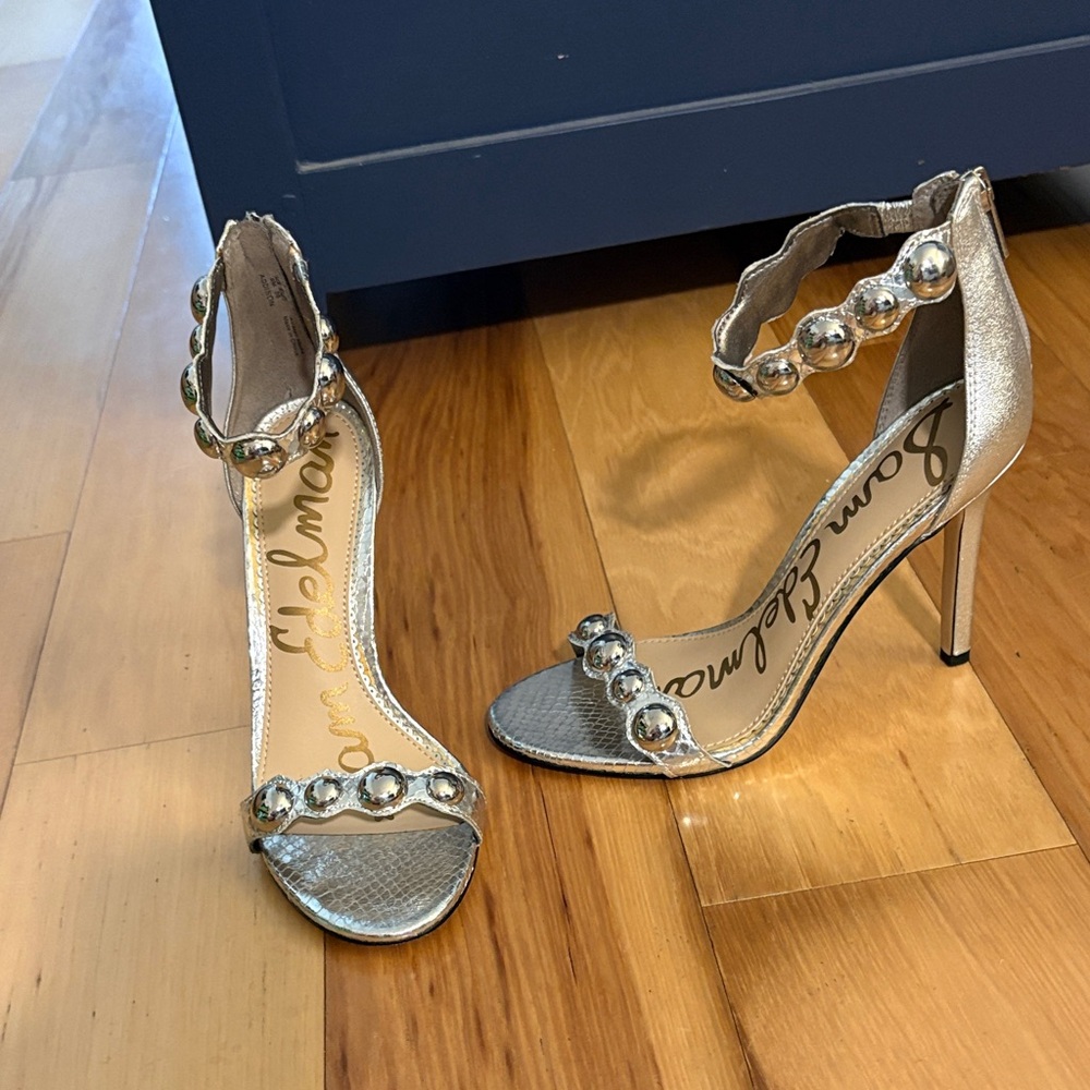 Sam Edelman Addison Silver Ankle Strap Heels